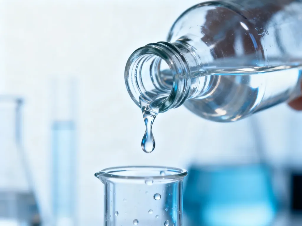 Przezroczysty płyn przelewany z laboratoryjnej butelki do zlewki w sterylnym, naukowym otoczeniu.