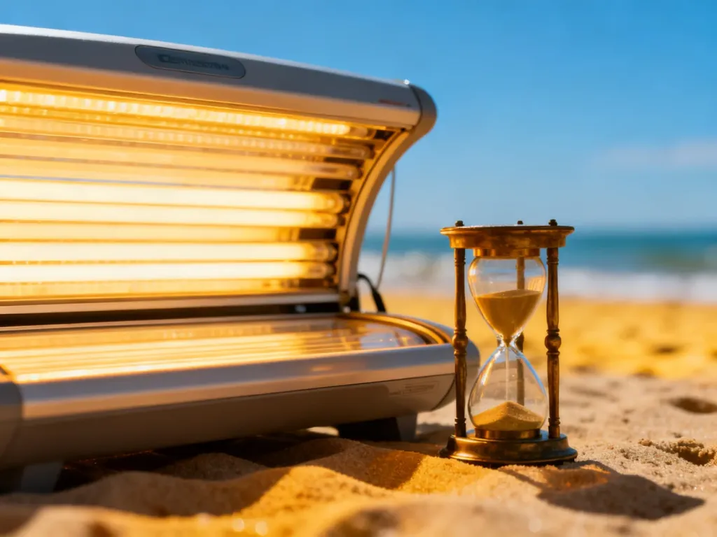 Lampa solarium obok klepsydry na tle słonecznej plaży, obrazująca porównanie czasu opalania w solarium i na słońcu.