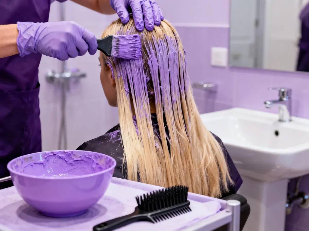 Nakładanie fioletowego tonera na podzielone na sekcje wilgotne blond włosy