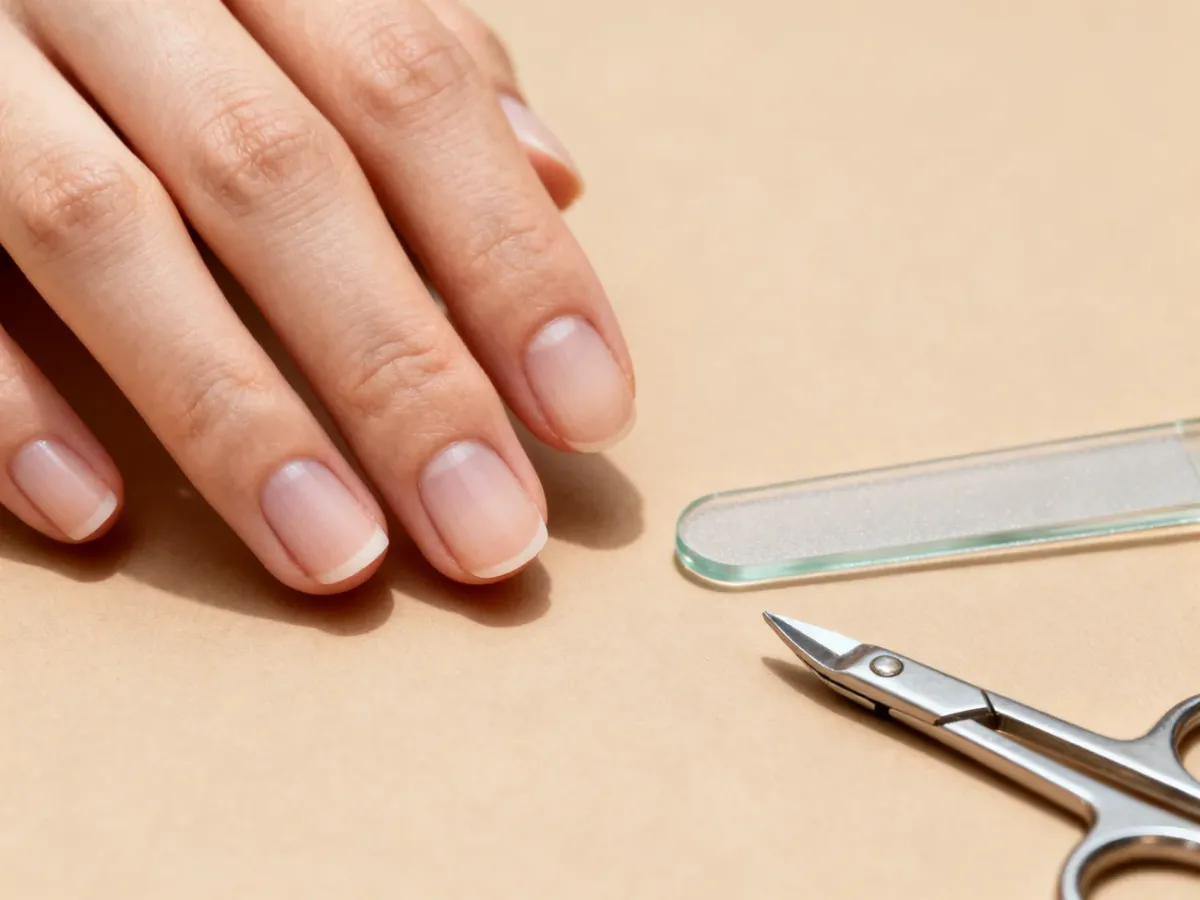 Zadbane dłonie z lekko zaokrąglonymi paznokciami i akcesoriami do manicure