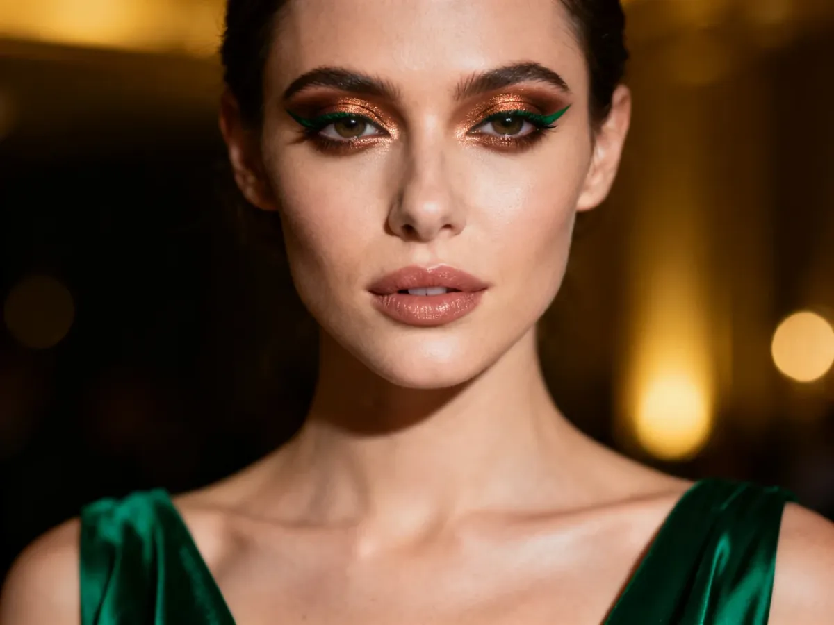 Makijaż oka z zieloną kreską i miedzianym smokey eye