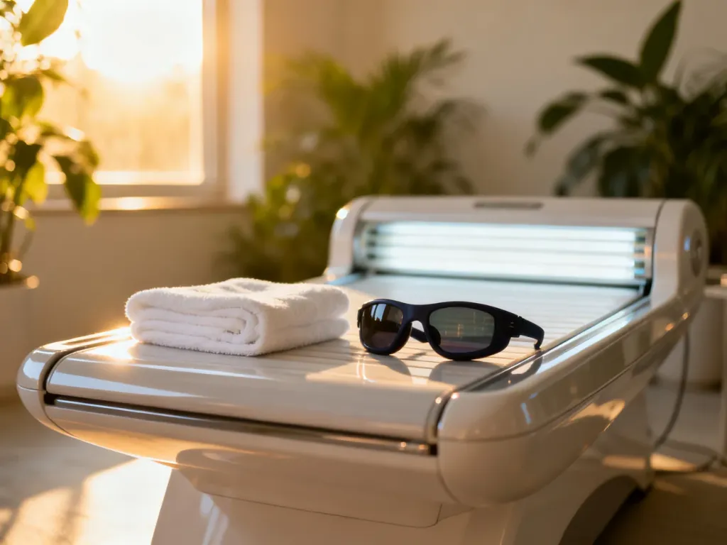 Nowoczesne solarium w minimalistycznym wnętrzu spa z okularami ochronnymi i ręcznikiem, podkreślające atmosferę relaksu.