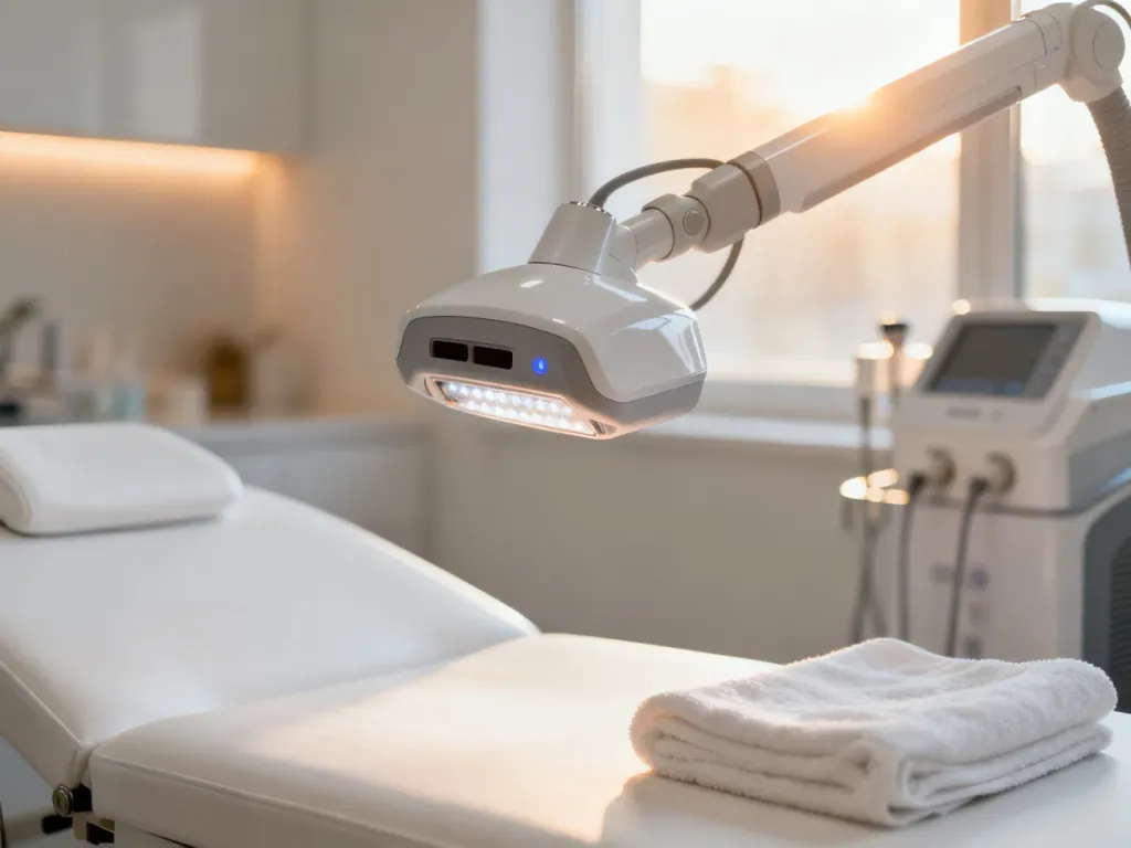 Nowoczesne urządzenie do depilacji laserowej nad profesjonalnym łóżkiem zabiegowym w sterylnym wnętrzu kliniki medycyny.