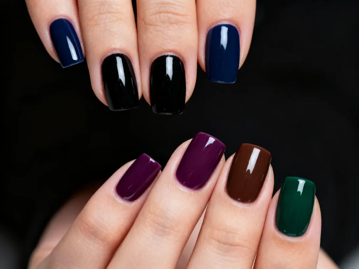 Ciemny elegancki manicure na krótkich paznokciach