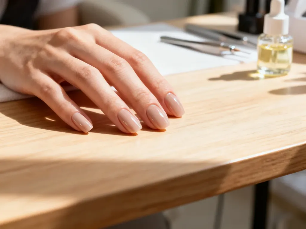 Zadbana dłoń z eleganckim manicure hybrydowym w neutralnym odcieniu na tle profesjonalnych akcesoriów do stylizacji paznokci.