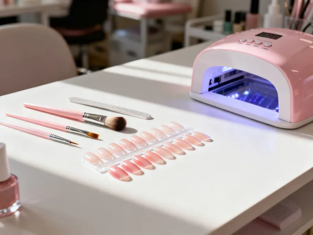 Profesjonalne stanowisko do manicure z żelem, pędzelkami i lampą UV na białym biurku, gotowe do przedłużania paznokci.
