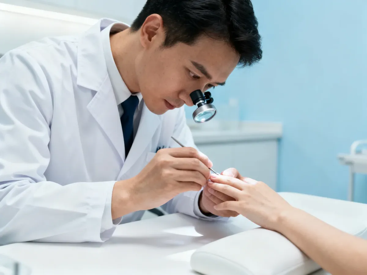 Dermatolog badający paznokcie pacjentki podczas konsultacji