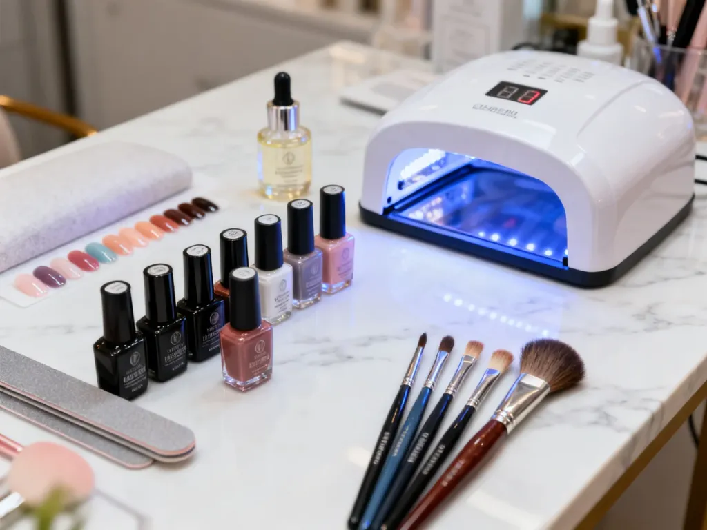 Profesjonalne stanowisko do manicure z lampą UV, żelami i pędzelkami na marmurowym blacie, gotowe do stylizacji paznokci.