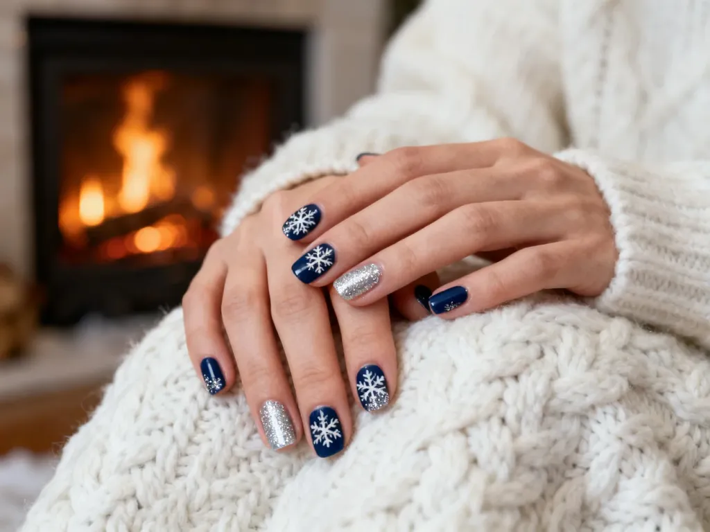 Zimowy manicure w kolorze granatu ze wzorami śnieżynek i srebrnym brokatem na tle przytulnego, wełnianego swetra.
