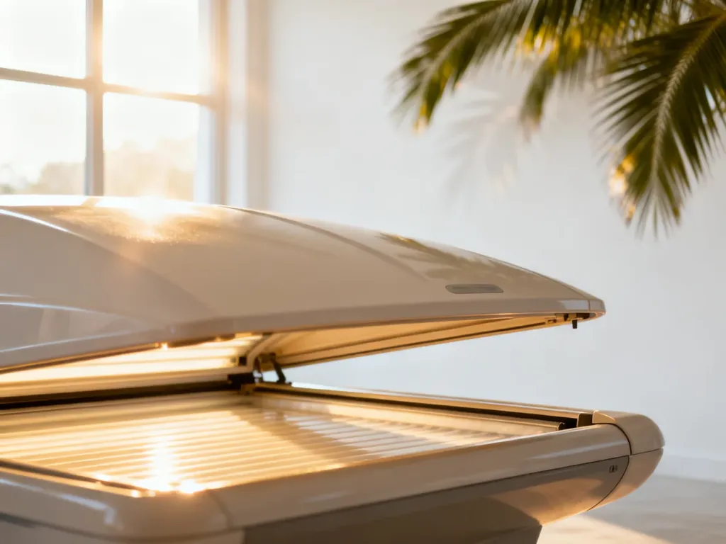 Nowoczesne solarium w jasnym studiu z akcentem roślinnym, budujące letnią atmosferę.