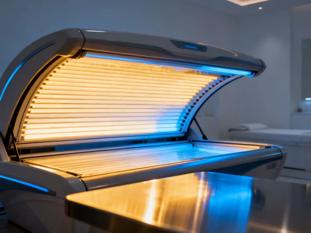 Otwarta pokrywa profesjonalnego solarium z delikatną poświatą UV w nowoczesnym wnętrzu spa.