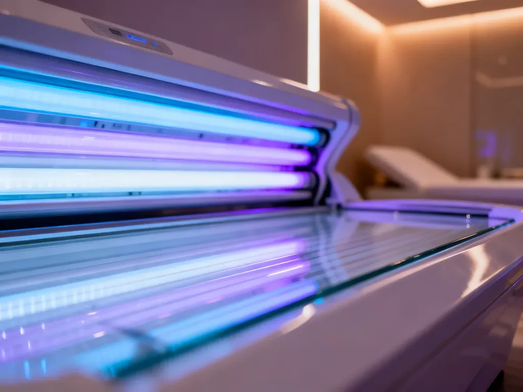 Wnętrze nowoczesnego solarium z podświetlanymi na niebiesko i fioletowo lampami UV.
