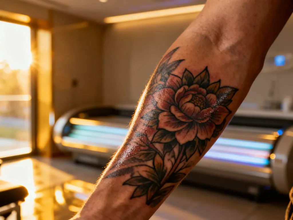 Zadbany, wygojony tatuaż na przedramieniu w tle nowoczesnego solarium. Zdjęcie ilustruje zdrową skórę po procesie gojenia.
