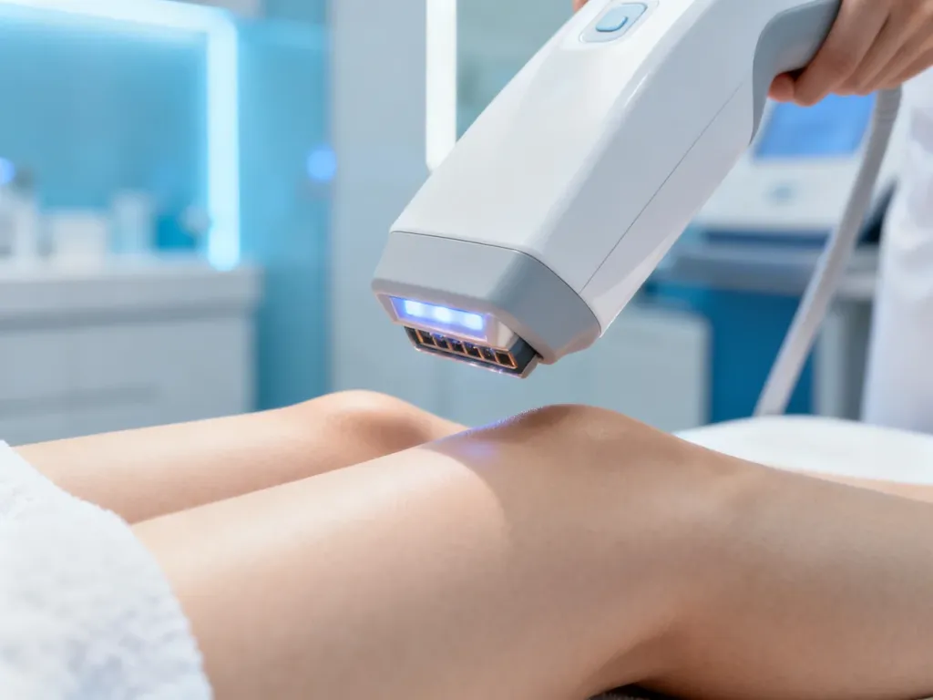 Głowica lasera kosmetycznego skierowana na gładką skórę, podkreślająca profesjonalny zabieg depilacji w sterylnym wnętrzu.