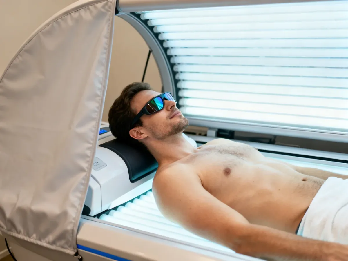 Osoba korzystająca z solarium w okularach ochronnych